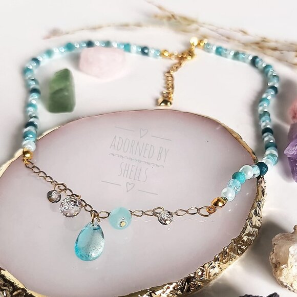 Beaded Chain Necklace Aqua Blue Crystals & Charms, Stainless Steel Heart Jewelry - Picture 4 of 9